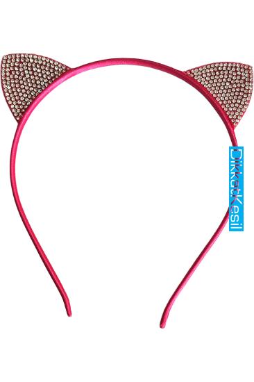 Kedi Kulağı Taç, Beyaz Kristal Taşlı Taç Toka Koyu Pembe, Taşlı taçlar - XBUTiK