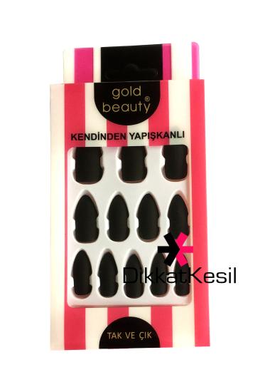 Kendinden Yapışkanlı Takma Tırnak, Gold Beauty Badem Tırnak, Mat Siyah Takma Tırnaklar - XBUTiK