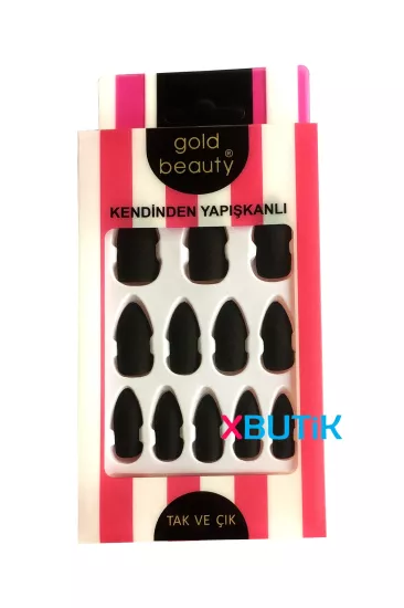 Kendinden Yapışkanlı Takma Tırnak, Gold Beauty Badem Tırnak, Mat Siyah Takma Tırnaklar - XBUTiK