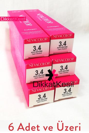 Nevacolor 3.4 Koyu Kestane Renk Premium Kalıcı Krem Saç Boyası Tüp, Saç Boyası Renkleri 6 Adet - XBUTiK