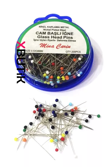 Renkli Başlı Toplu İğne, Cam Başlı İz Yapmayan Eşarp İğnesi 34 mm 200 lü Toplu İğneler - XBUTiK