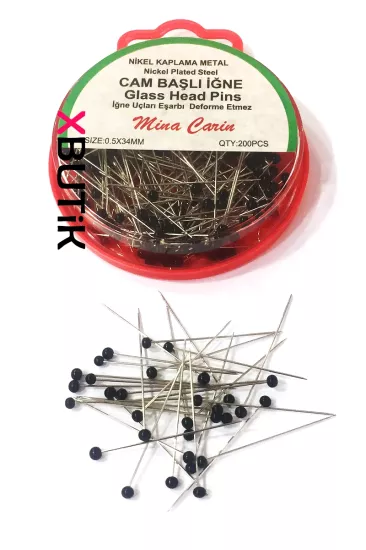 Siyah Başlı Toplu İğne, Cam Başlı İz Yapmayan Eşarp İğnesi 34 mm 200 lü Toplu İğne Çeşitleri - XBUTiK